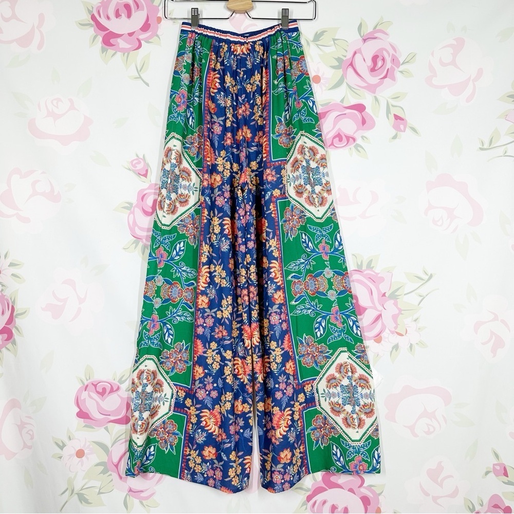 Flying Tomato Bohemian Blue and Cream Floral Wide Leg Pants S - Picture 4 of 6